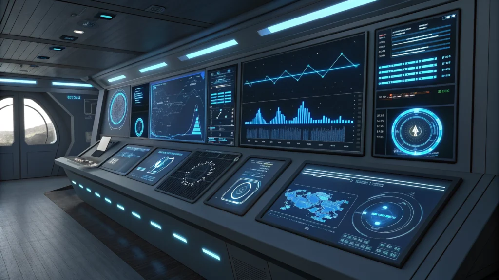 Modern digital marketing dashboard with Google Ads, Meta Ads, and SEO analytics graphs in a premium command center style.